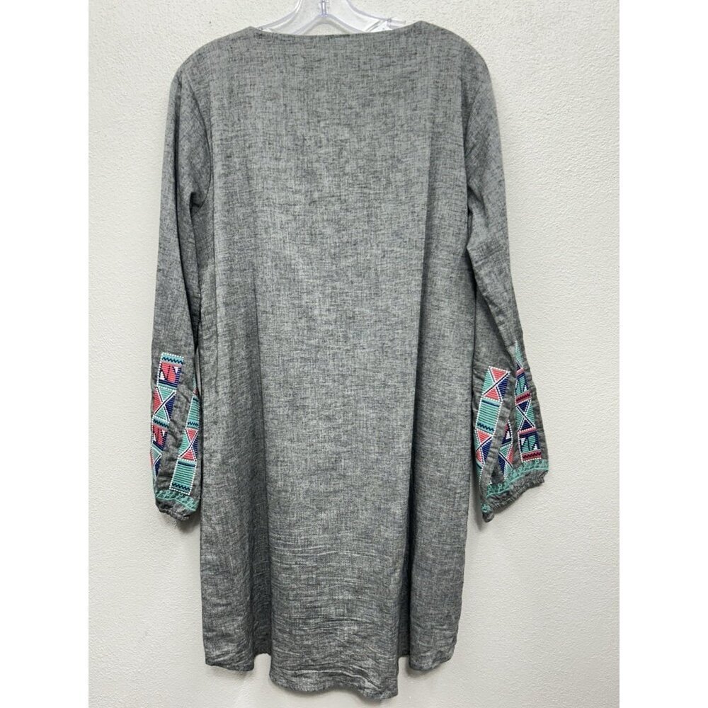 THML Dress large Grey Embroidered Aztec Boho Long Sleeve Tribal Western - Picture 4 of 7